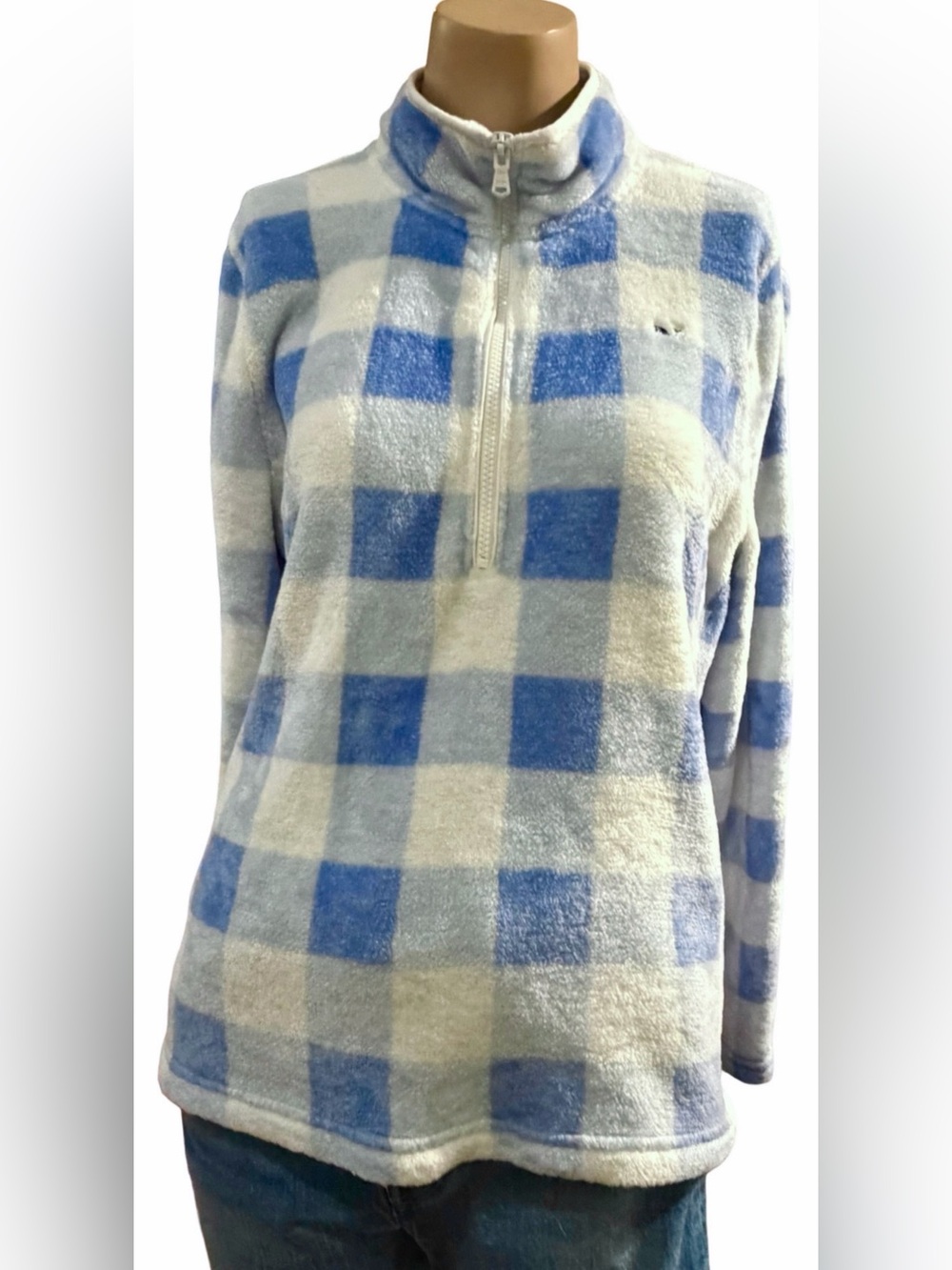 Vineyard Vines Blue & Ivory Plaid Fleece Quarter Zip Pullover M